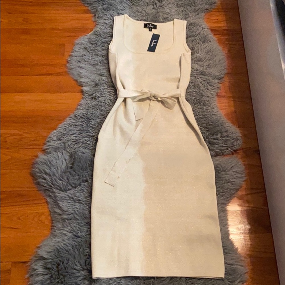Lulu's Cream Sleeveless Midi Dress with Waist Tie